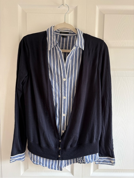 Theory Sweaters - Flaw Theory Layered Navy Wool Cardigan White Striped Shirt Set M Academia Career